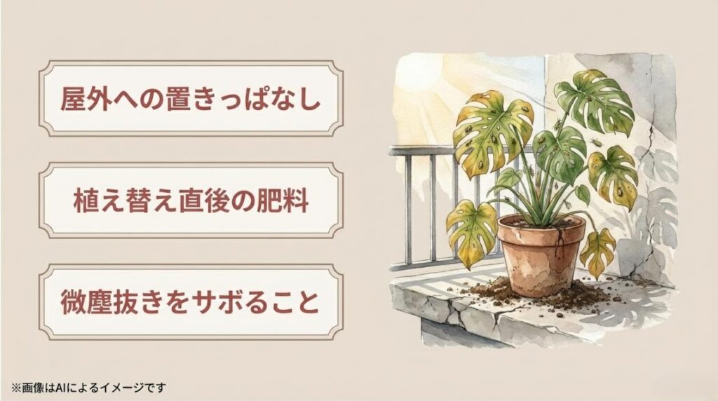 屋外への置きっぱなし、植え替え直後の肥料、微塵抜きをサボることなど、観葉植物を育てる際に避けるべきNG行動をまとめたイラスト