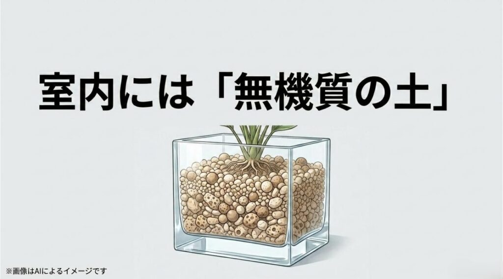 透明な四角い鉢に植えられた観葉植物と、粒状の無機質の土（ハイドロボールなど）を示す清潔感のあるイラスト