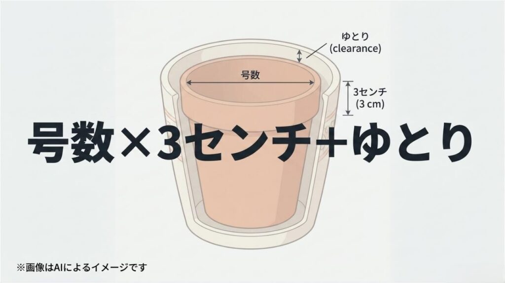鉢の号数に3センチを掛け、さらにゆとりを足すという鉢カバーのサイズ計算式を図解したスライド