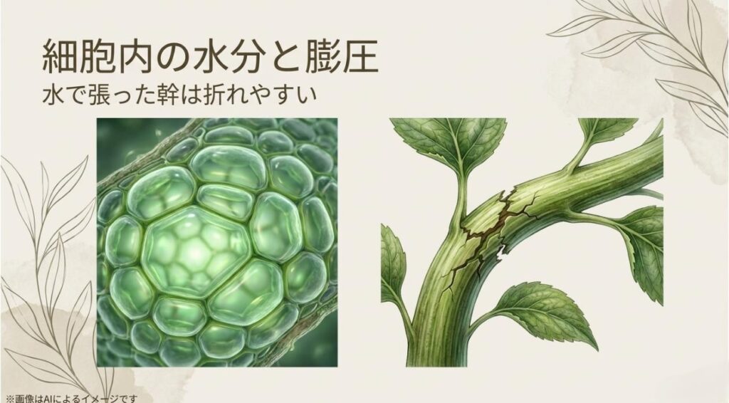 細胞内に水分が満ちた状態と、水で張った幹が折れてしまった状態のイラスト