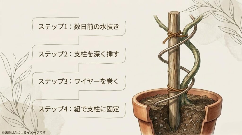 水抜きから支柱の設置、ワイヤー巻き、紐での固定までの4ステップをまとめたスライド