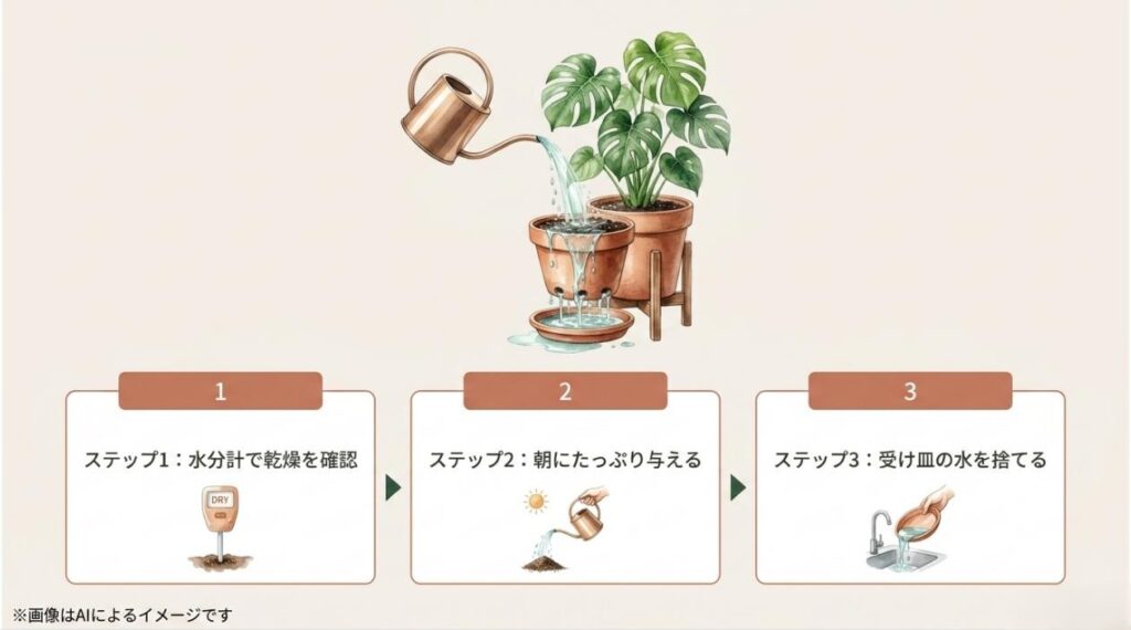 水分計での乾燥確認、朝のたっぷりの水やり、受け皿の水を捨てるという3つの基本手順を図解したイラスト