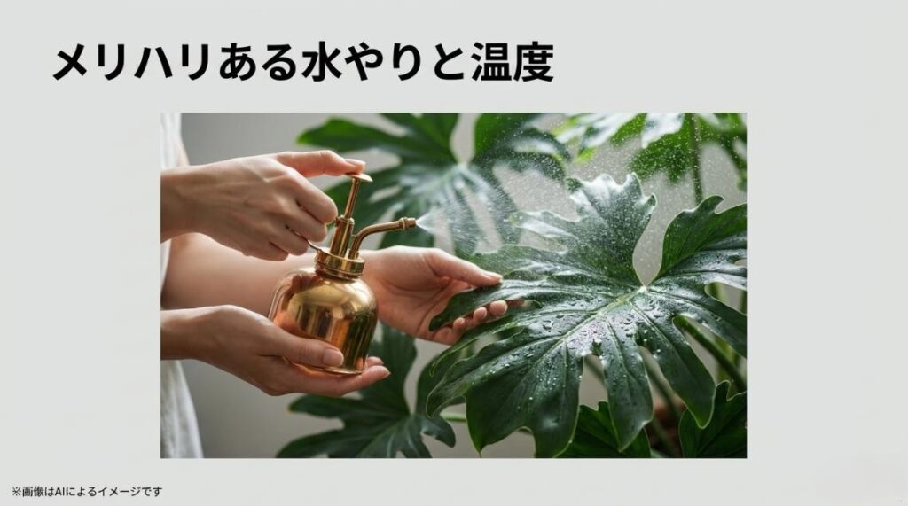 セロームの大きな葉に霧吹きを使ってたっぷりと葉水を与えている様子