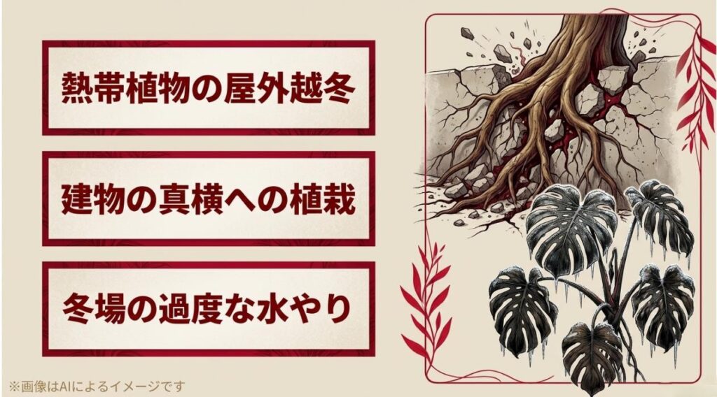 基礎コンクリートを破壊する根や凍ったモンステラなどとともに、熱帯植物の屋外越冬や建物の真横への植栽、冬場の過度な水やりへの注意を促すスライド