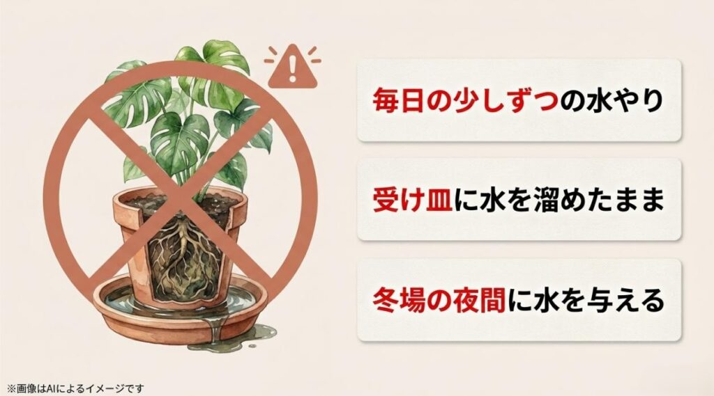 受け皿に泥水が溜まった鉢植えに大きな禁止マークが重ねられ、毎日の少量水やりなどを禁止する警告スライド