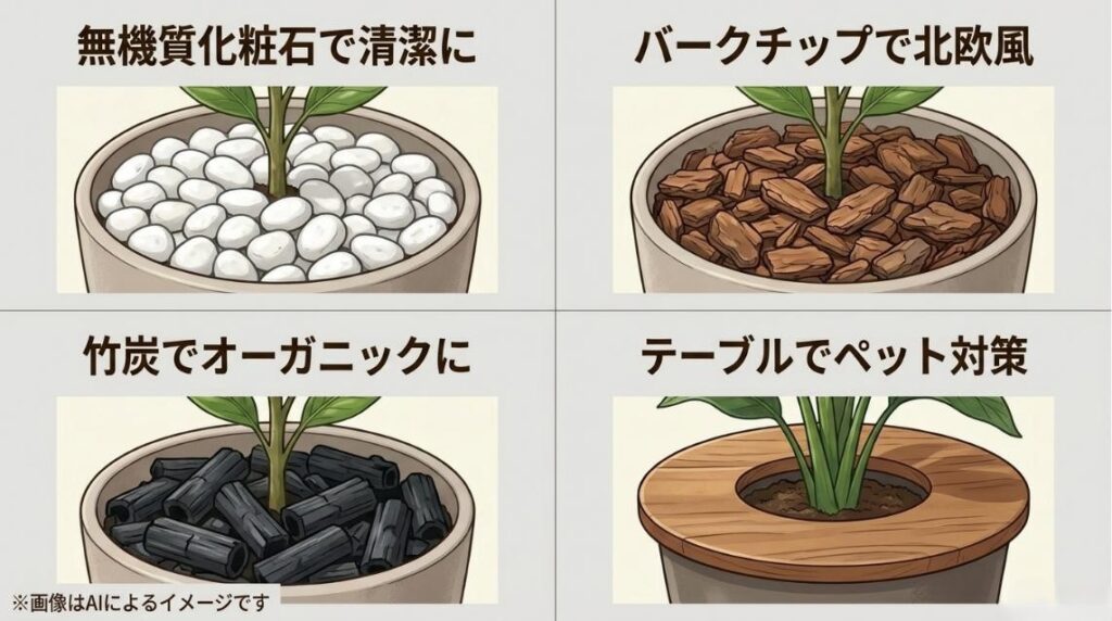 無機質化粧石、バークチップ、竹炭、プランターテーブルといった多様な土隠し(マルチング)方法を紹介する画像