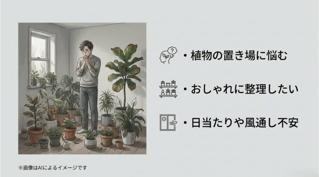 部屋の中でたくさんの植物の置き場や整理方法について悩んでいる男性のイラスト
