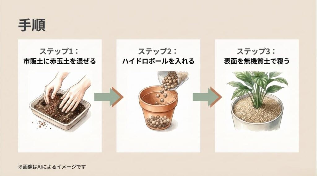 市販土に赤玉土を混ぜる、ハイドロボールを入れる、表面を無機質土で覆うという3つの手順を示すイラスト