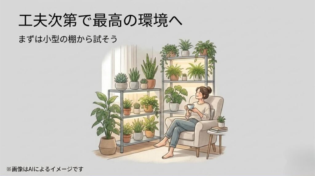 完成したIKEAの植物棚の前でコーヒーを飲みながらリラックスする女性のイラスト