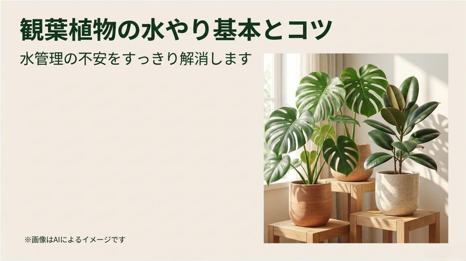 窓辺の日当たりの良い場所に置かれた健康な複数の観葉植物の画像と、水やりの不安を解消するというタイトルのアイキャッチ画像