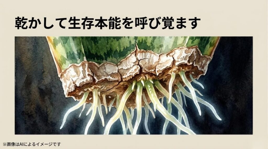 乾燥した切り口から元気な根が伸びるイラストと、乾かすことで植物の生存本能を呼び覚ますメカニズムを伝えるスライド