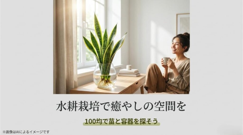 窓辺でサンスベリアの水耕栽培を眺めながらコーヒーを飲んでリラックスする女性のイラストと、100均で苗と容器を探そうというメッセージ