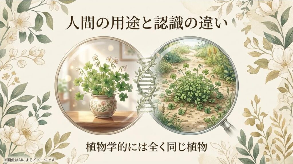 鉢植えの園芸用オキザリスと庭に自生する雑草のカタバミがDNAで繋がっており、植物学的には全く同じであることを示す拡大鏡のイラスト