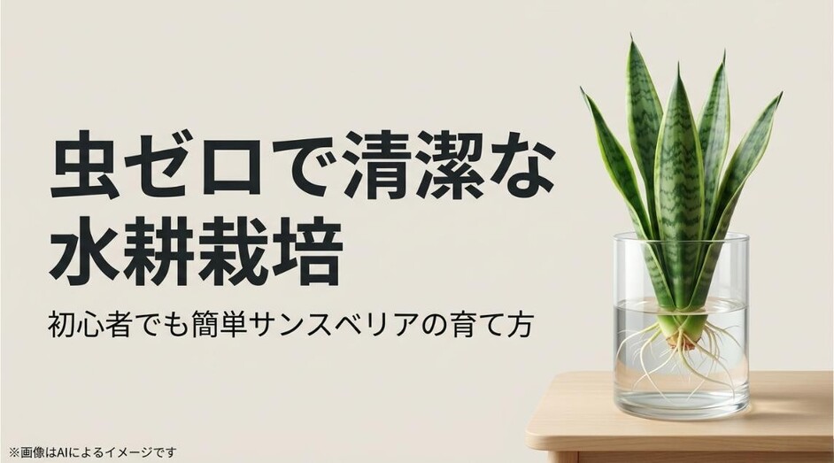 透明なガラス容器でサンスベリアを水耕栽培している清潔感のあるイラストと、初心者向けの育て方を示すタイトルテキスト