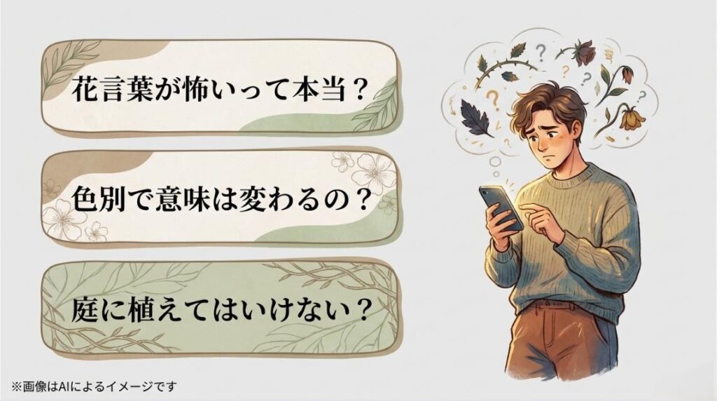 スマホを見ながらオキザリスの花言葉や地植えに関する疑問に悩む男性のイラスト