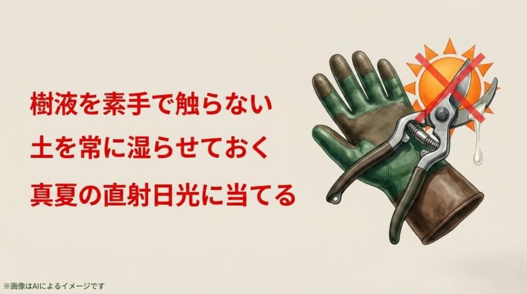 手袋と剪定バサミのイラストにバツ印がつけられ、樹液を素手で触らない、土を常に湿らせておく、真夏の直射日光に当てるといったNG行動を警告するスライド