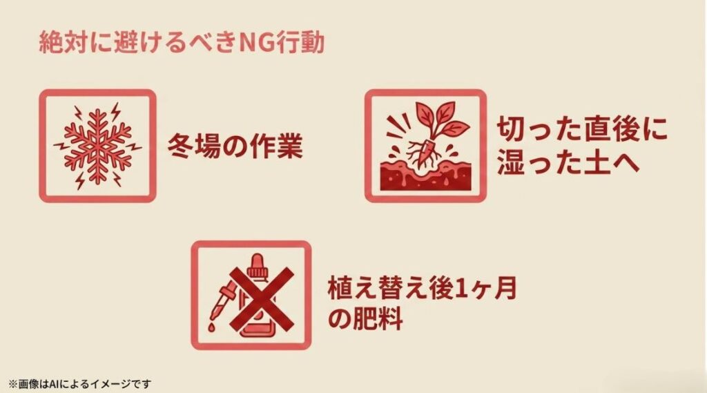 冬場の作業、切断直後の湿った土への植え付け、植え替え後1ヶ月以内の肥料投与の禁止を示す3つのNGアイコン