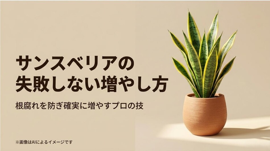 サンスベリアの鉢植えを見つめる女性のイラストと、根腐れを防ぎ確実に増やすプロの技を伝えるタイトルのアイキャッチ画像