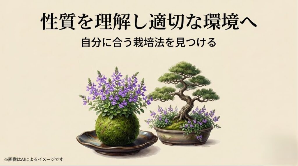 薄紫色の花を咲かせるサギゴケの美しい苔玉と、盆栽の足元を飾る下草としてのインテリアグリーンイラスト