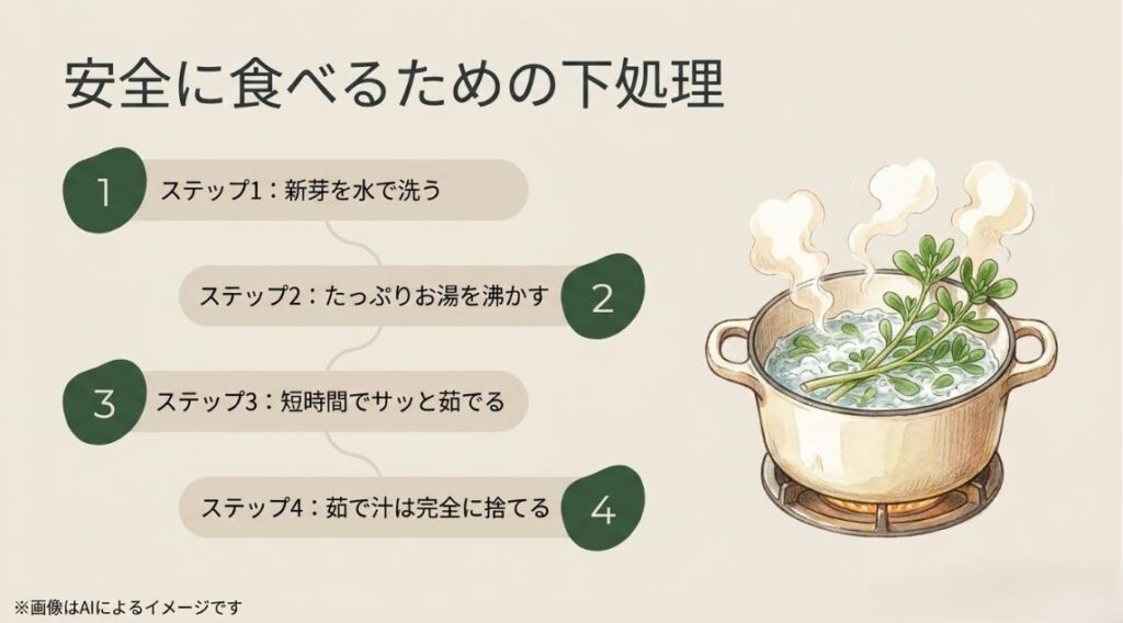 新しい芽を洗い、沸騰したお湯で短時間サッと茹でて茹で汁を完全に捨てるという安全な食べ方の4つのステップを描いた鍋のイラスト