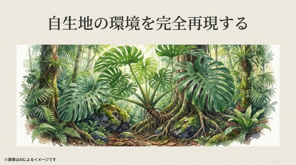 熱帯雨林のジャングルで大きく育つサトイモ科植物のイラストと、自生地の環境を完全再現するというメッセージのスライド