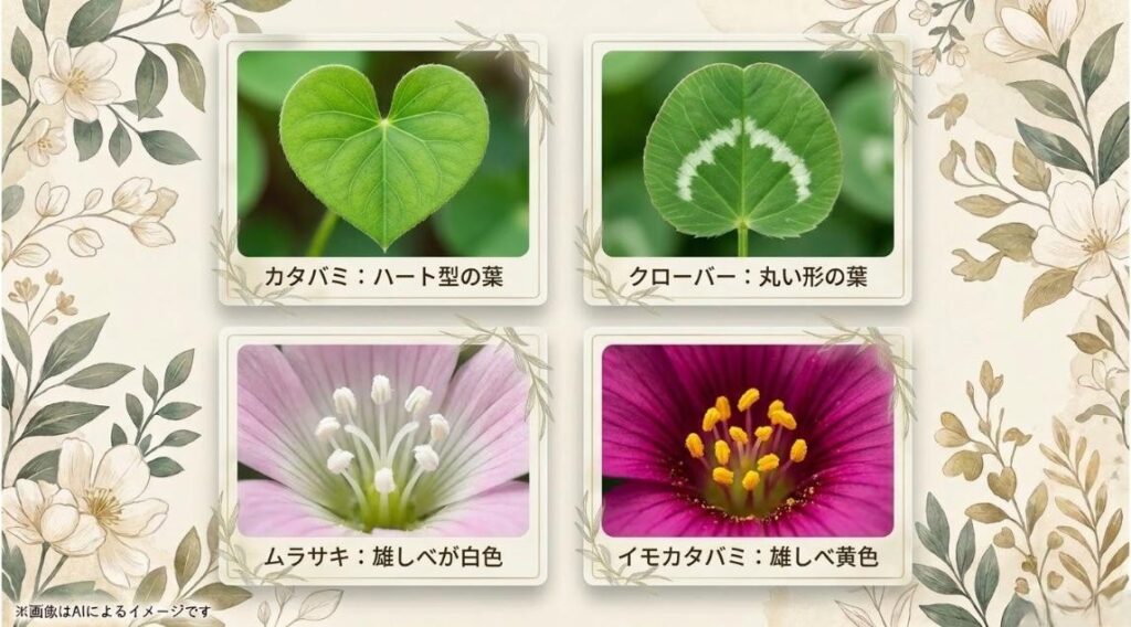 カタバミはハート型の葉、クローバーは丸い葉、ムラサキカタバミは雄しべが白色、イモカタバミは雄しべが黄色であることを比較解説するイラスト