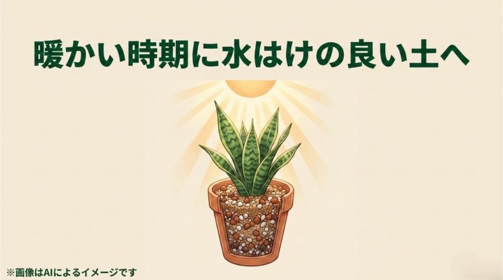赤玉土や鹿沼土などの無機質土を用いて通気性と排水性を高めた、サンスベリアの鉢内断面イラスト