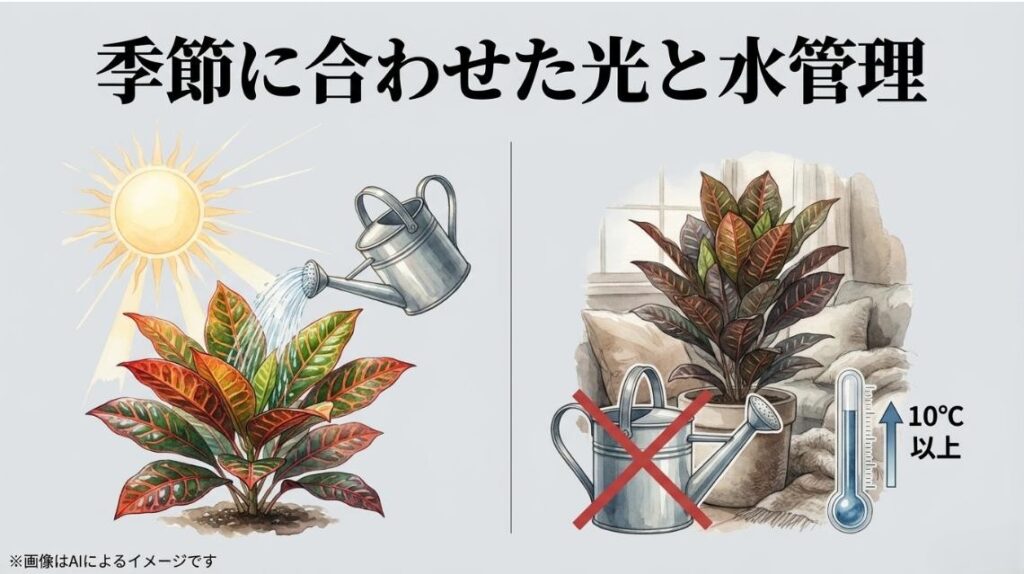 夏のたっぷりな水やりと冬の室内10℃以上の防寒管理を対比させたスライド