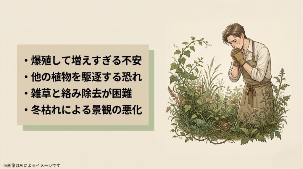 庭の植物が爆殖して増えすぎることや雑草と絡む困難さ、冬枯れについて悩む男性のイラスト