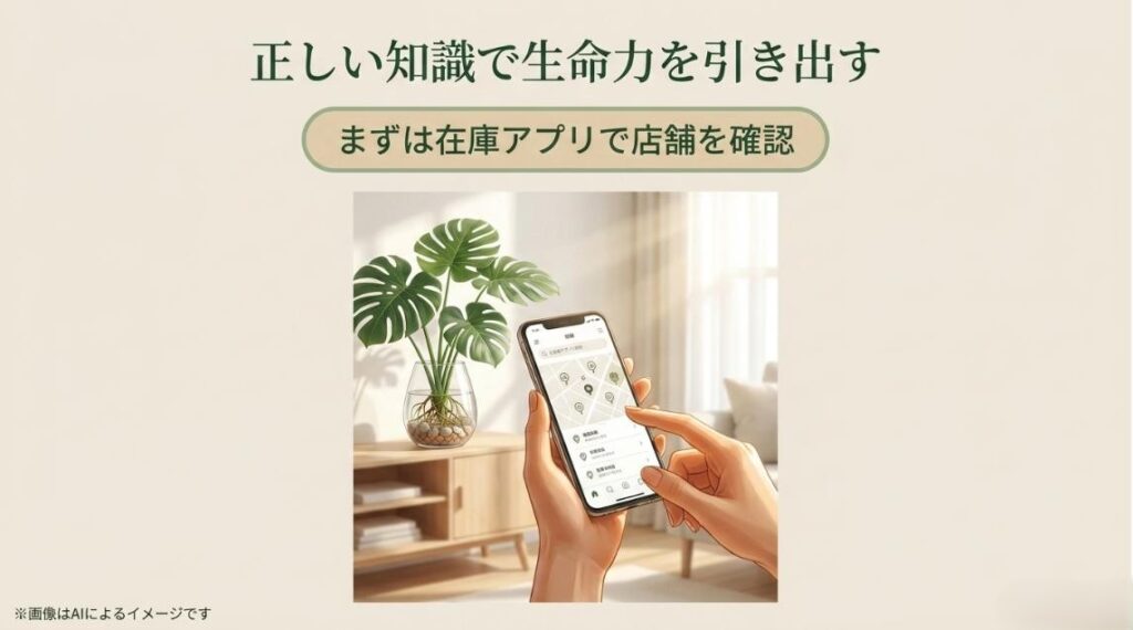 スマートフォンで在庫検索アプリを操作しているイラストと、正しい知識で生命力を引き出す、まずは在庫アプリで店舗を確認というメッセージのスライド