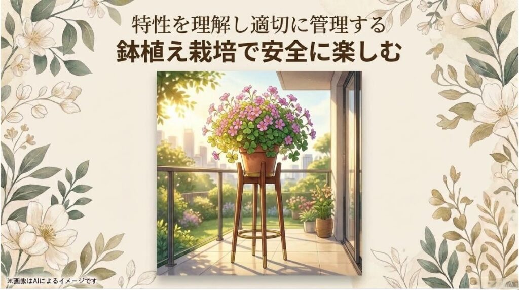 オキザリスの特性を理解して適切に管理し、鉢植え栽培で綺麗に花を咲かせて安全に楽しむ様子を描いたイラスト