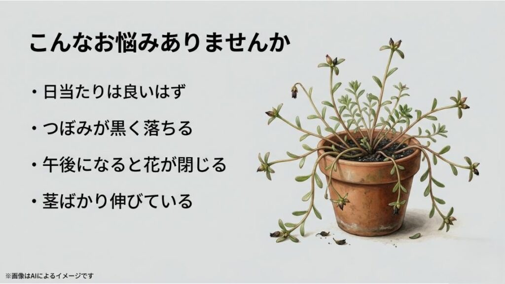 茎が伸びて元気がなくつぼみが黒く落ちるポーチュラカのイラストと、日当たりや花が閉じる悩み一覧をまとめたスライド