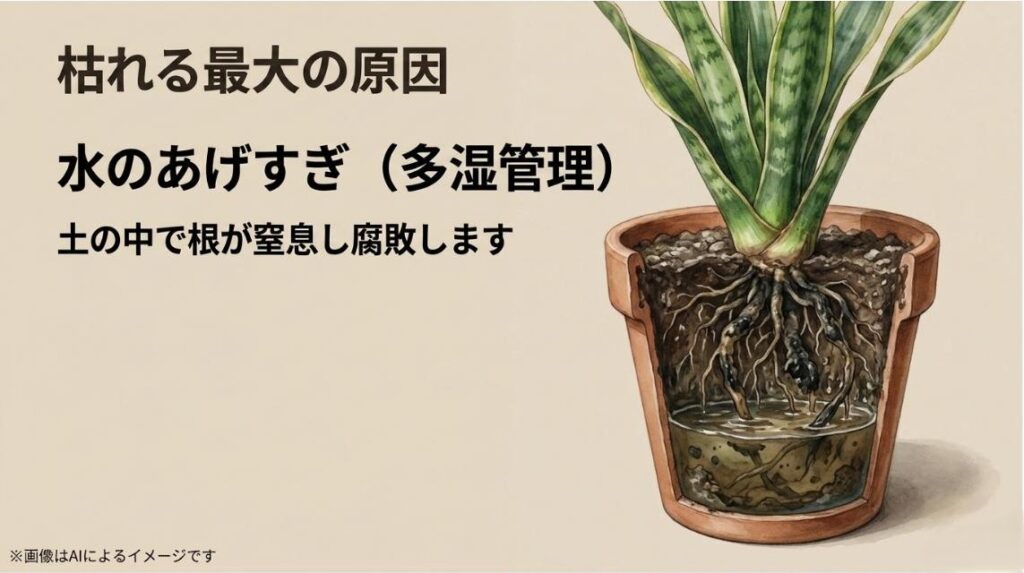 水のあげすぎによって土の中で根が窒息し、腐敗して枯れてしまうメカニズムを解説したスライド