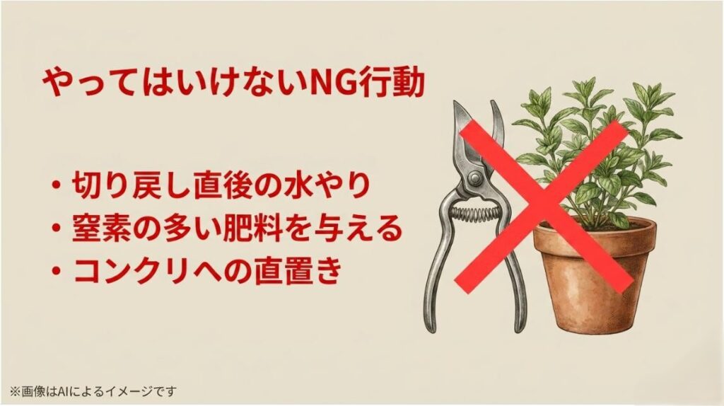 剪定バサミと鉢植えに赤いバツ印が描かれたイラストと、切り戻し直後の水やりや窒素肥料などのNG行動をまとめたスライド