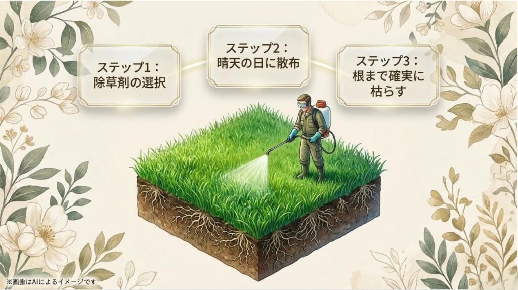除草剤の選択、晴天の日に散布、根まで確実に枯らすというカタバミ駆除の3つの手順を示すイラスト