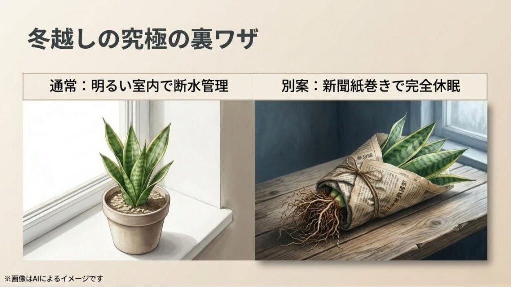 新聞紙に包まれたサンスベリアのイラストと、断水管理に代わる新聞紙巻きでの完全休眠法をまとめたスライド