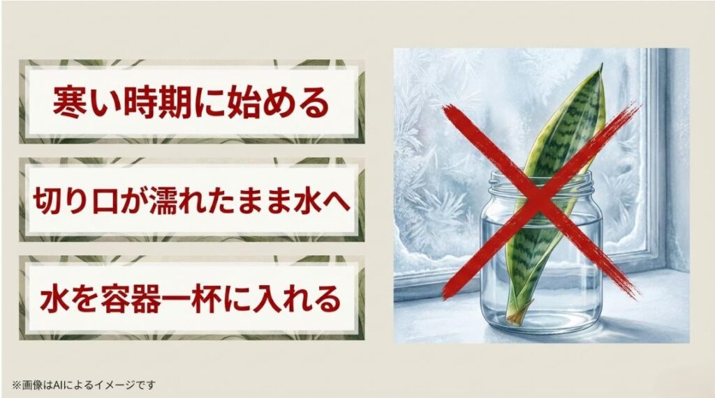 寒い時期のスタート、濡れたまま水に挿すこと、容器一杯の満水状態を示すイラストに赤い×印がついた注意喚起スライド