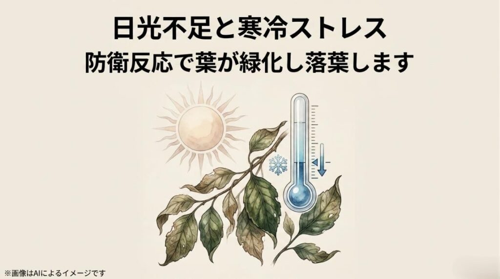 日光や温度計と変色した葉のイラストで、日光不足や寒さによる防衛反応を示したスライド