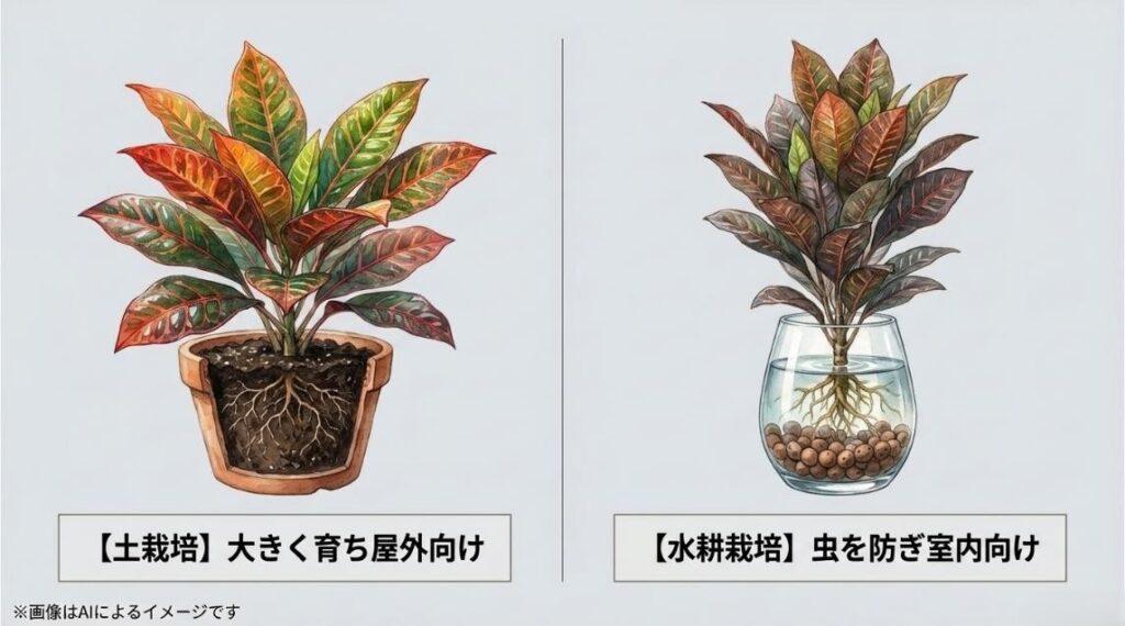 鉢植えの土栽培とガラス容器の水耕栽培を並べ、大きく育てるか虫を防ぐかの目的別チョイスを示したスライド