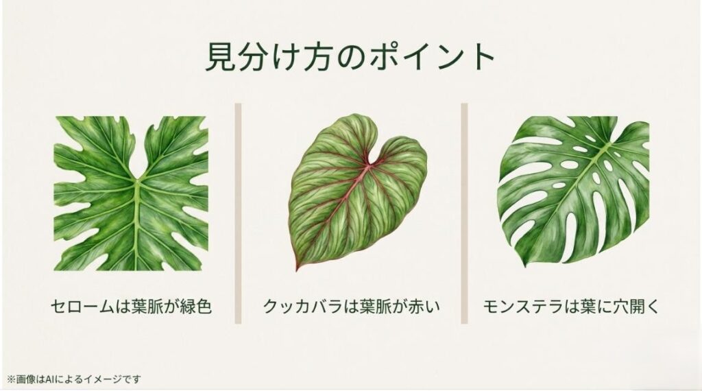セロームの葉のイラストと、セロームは葉脈が緑、クッカバラは赤、モンステラは穴が開くという見分け方の決定的なポイントをまとめたスライド