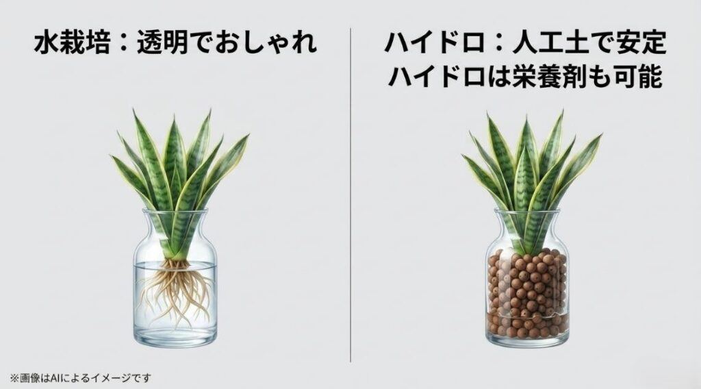 ガラス容器の水栽培と茶色いハイドロボールを使ったハイドロカルチャーの比較イラストと、それぞれのメリットを解説したテキスト