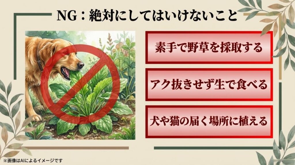庭の植物をかじろうとする犬のイラストに赤い禁止マークが重なり、素手での採取、生食、ペットの届く場所への植栽を禁じる警告スライド