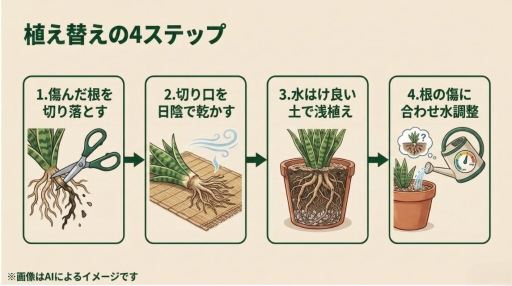傷んだ根の切除、切り口の乾燥、水はけの良い土での浅植え、傷に合わせた水やり調整という4つの手順を図解したスライド