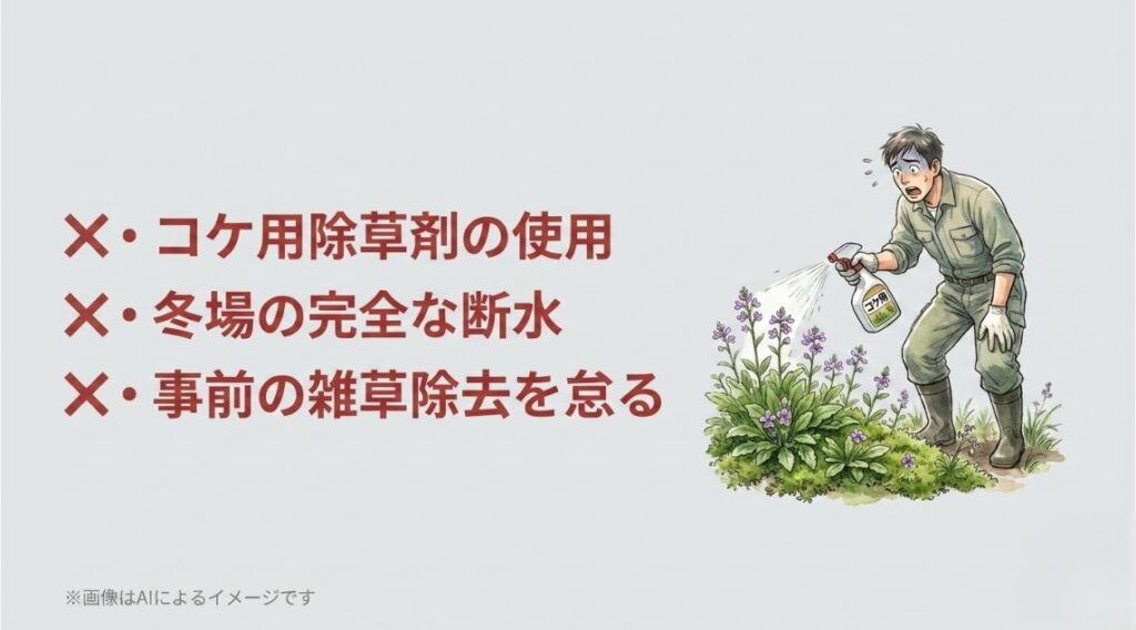 コケ用除草剤を散布して効果がなく驚く男性のイラストと、冬場の断水や雑草除去に関するNG例