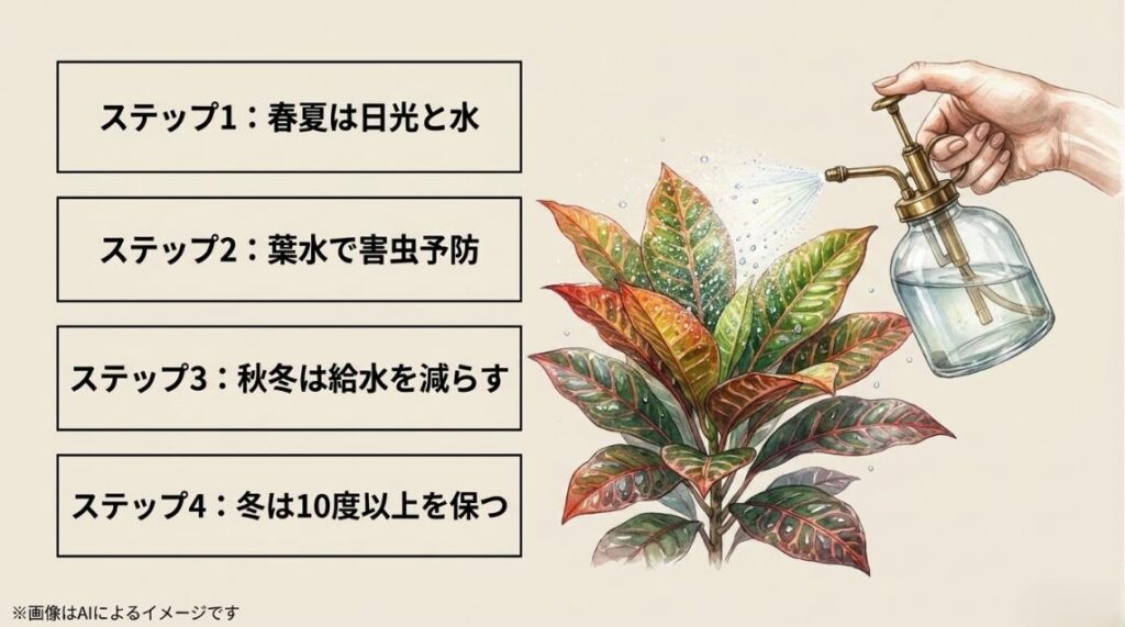 春夏の日光と水、葉水による害虫予防、秋冬の給水制限、冬の10度以上維持の全4ステップをまとめたスライド