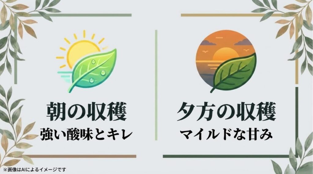 太陽と緑の葉のイラストと、朝の収穫は強い酸味とキレ、夕方の収穫はマイルドな甘みになることを説明したスライド