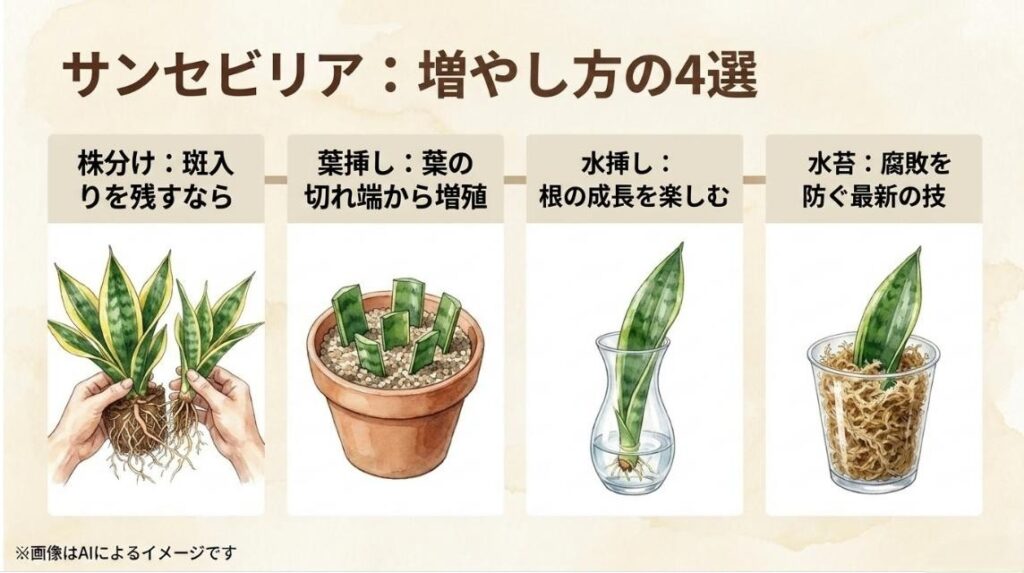 株分け、葉挿し、水挿し、水苔発根というサンスベリアの4つの増やし方と、それぞれの特徴やメリットを紹介するスライド