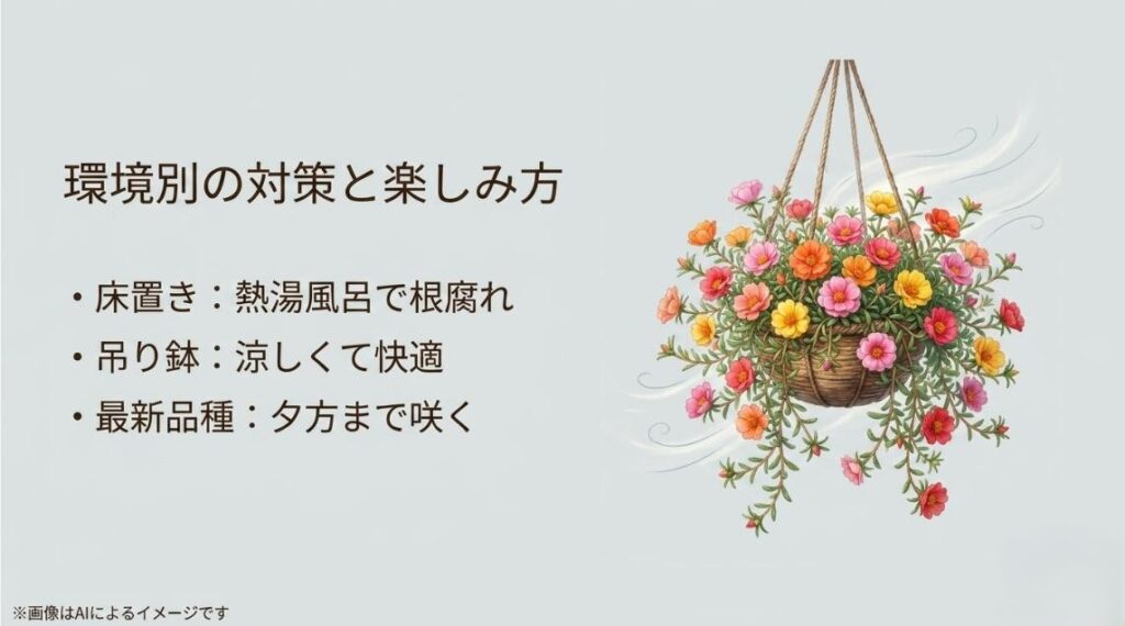 涼しげに空中に吊るされたハンギングバスケットで美しくしだれて咲き誇るカラフルなポーチュラカのイラスト