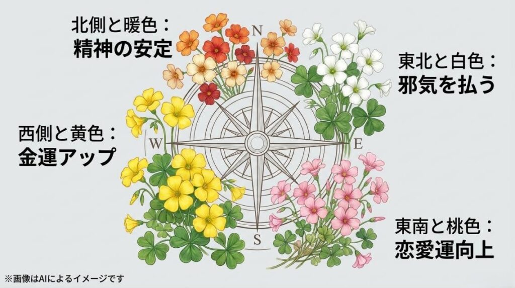 オキザリスの配置する方角と花色による風水効果をまとめたコンパス状のイラスト図解