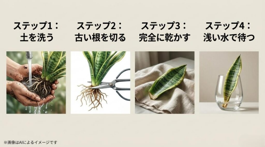 土を洗う、古い根を切る、切り口を完全に乾かす、浅い水で待つという4工程を分かりやすく示したステップ図解
